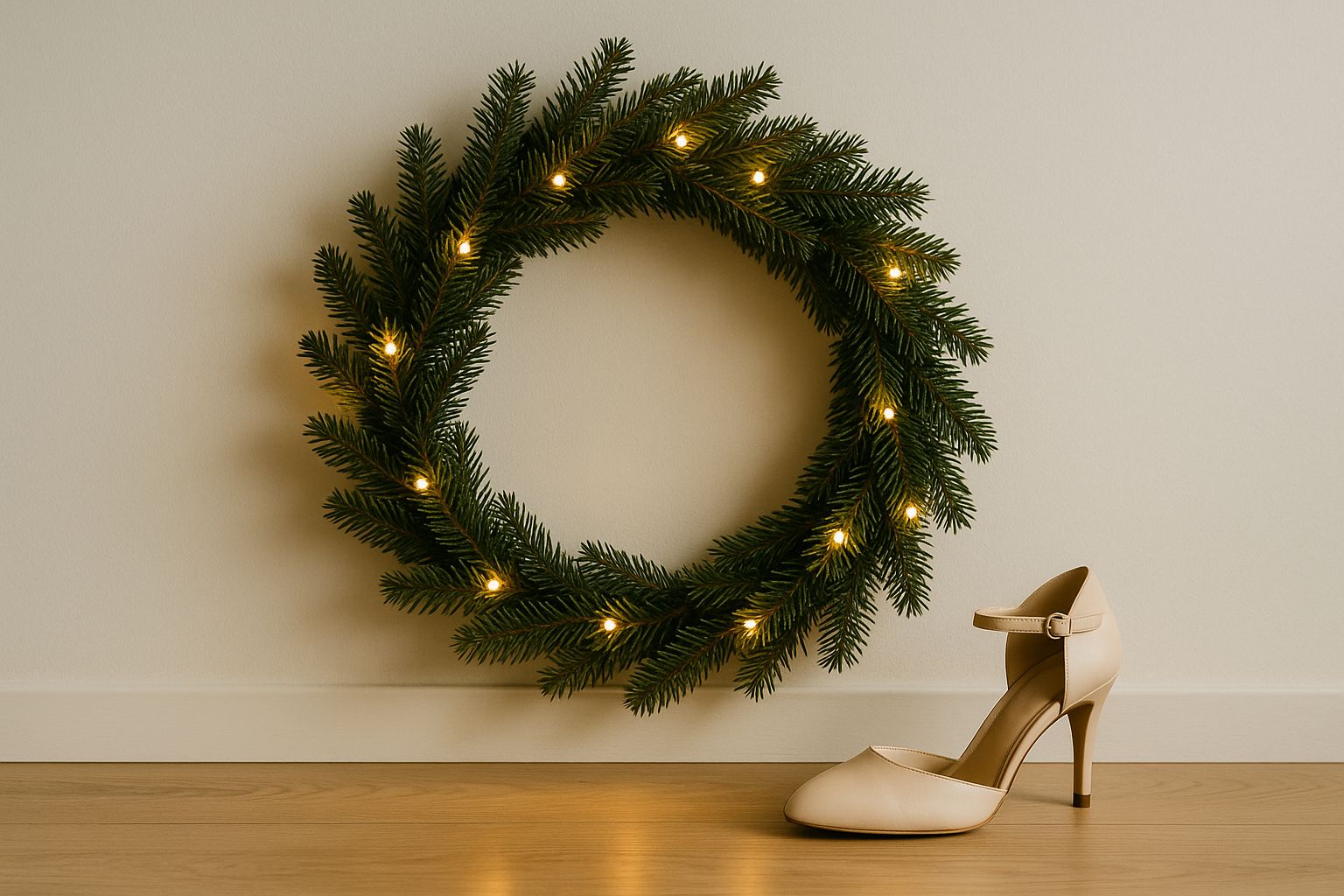 Ljuskrans i varmt sken. Dekorerad med kottar och grönt, på vit yta.